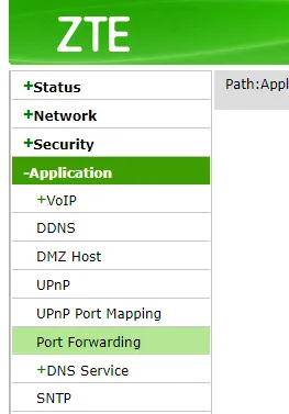 Menu Port Forwarding Menu Port Forwarding